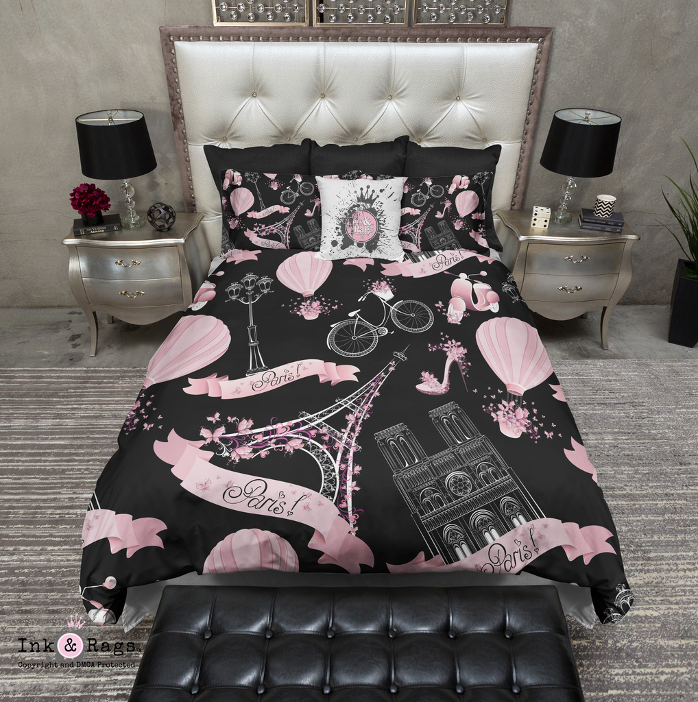 Black and Pink Whimsy in Paris Eiffel Tower Bedding Collection
