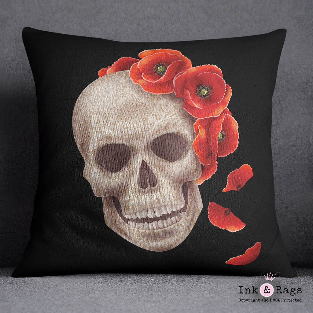 3D Henna Style Poppy and Skull Throw Pillow