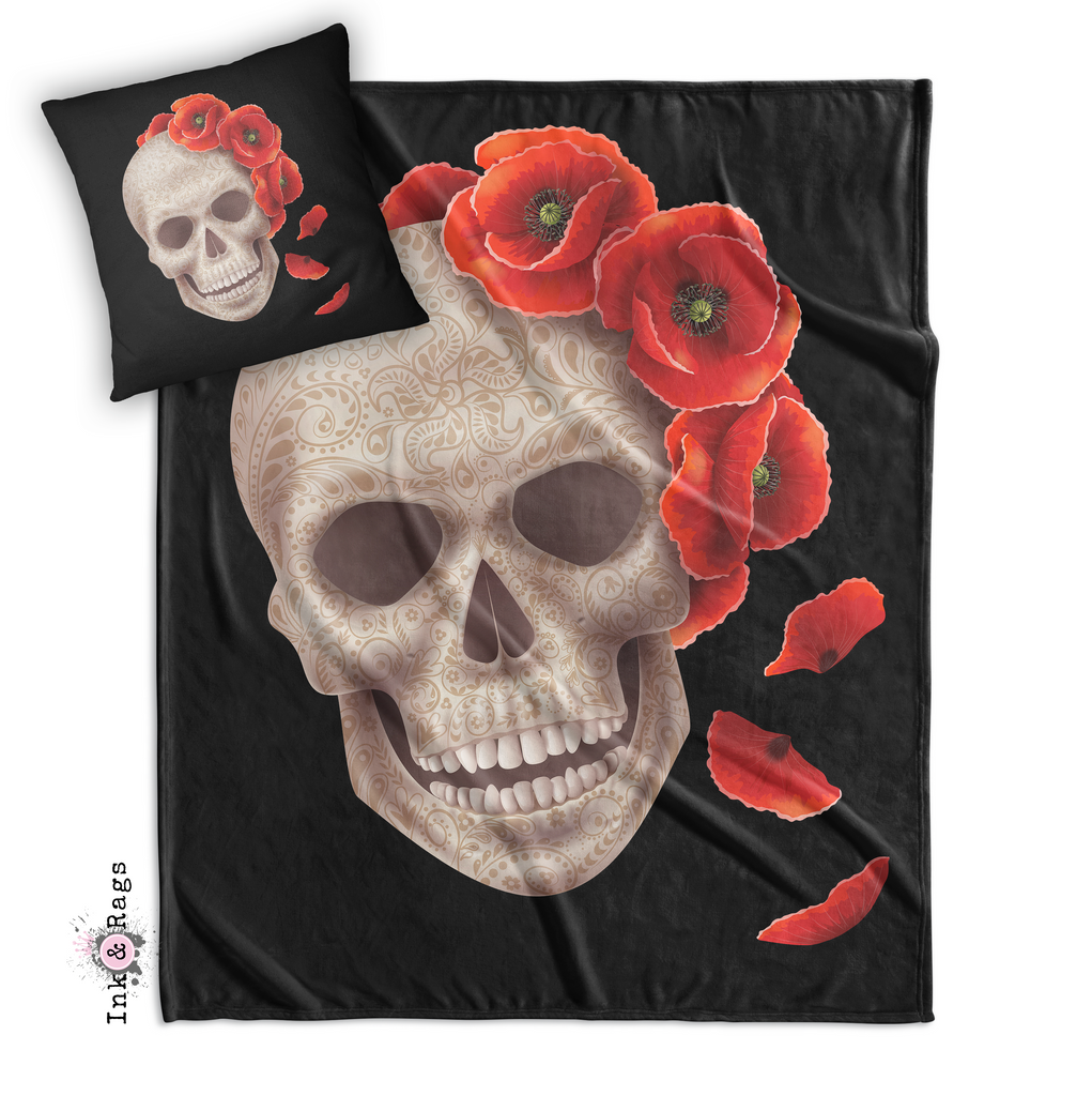 3D Henna Style Poppy and Sugar Skull Decorative Throw and Pillow Cover Set