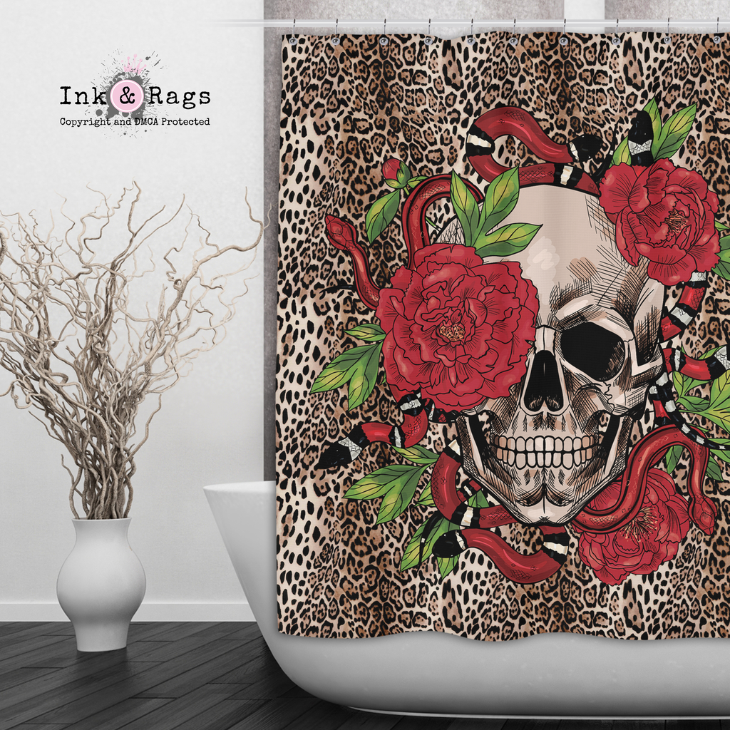 Leopard Snake Peony and Skull Shower Curtains and Optional Bath Mats