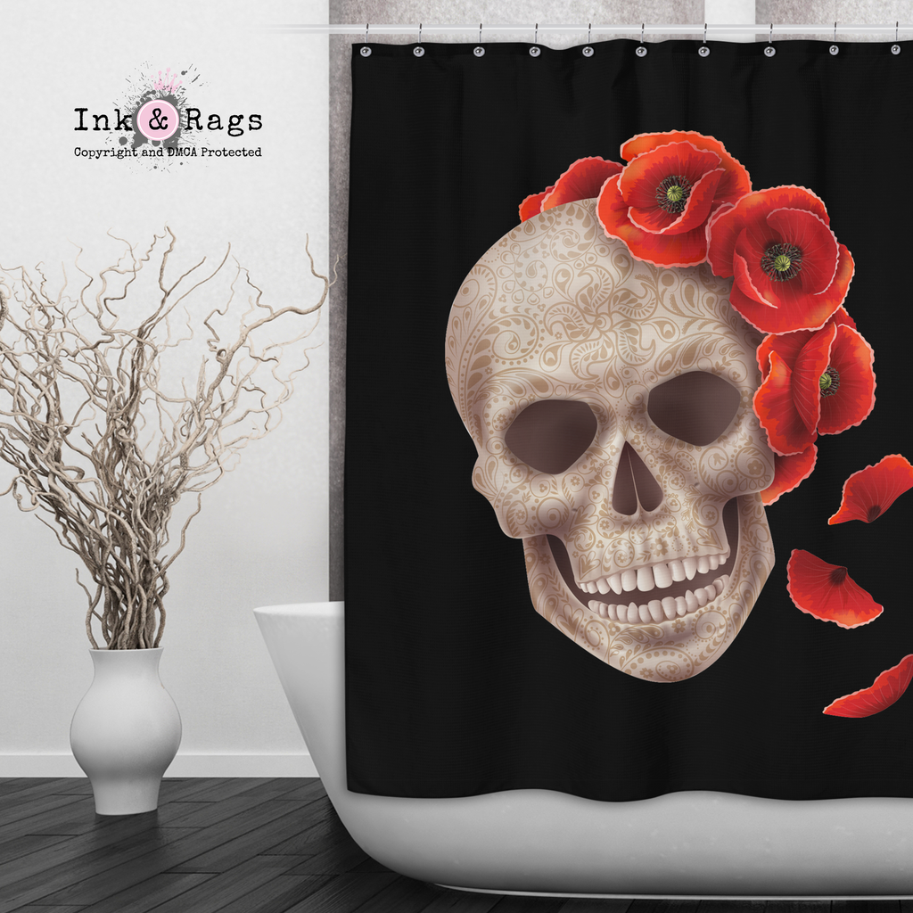 3D Henna Style Poppy and Sugar Skull Shower Curtains and Optional Bath Mats