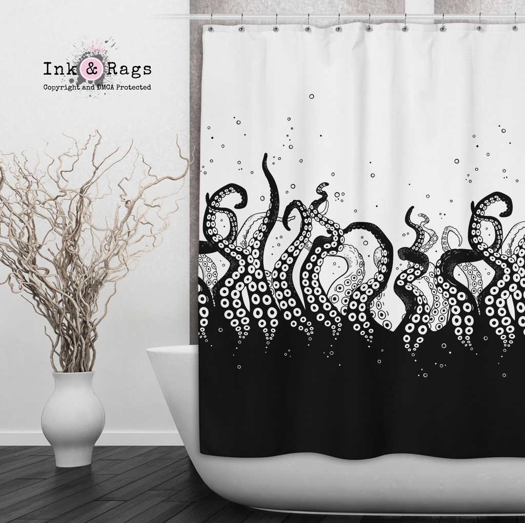 Black Bottom Octopus Tentacle Shower Curtains and Optional Bath Mats