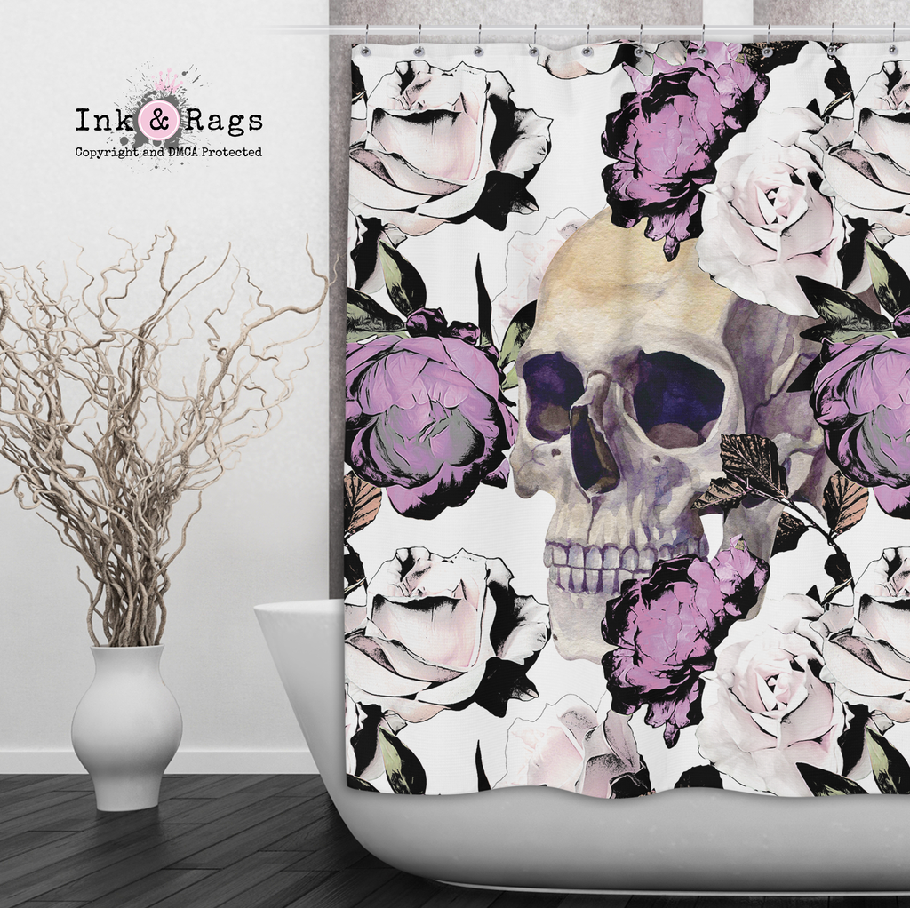 Purple Roses with Peeking Skull Shower Curtains and Optional Bath Mats