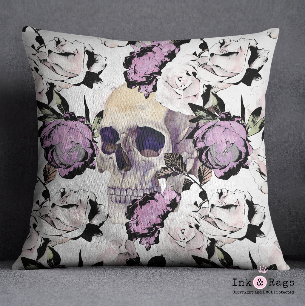 Purple Roses with Peeking Skull Throw Pillow