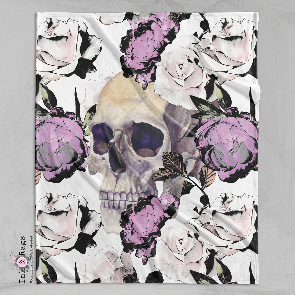 Purple Roses and Peeking Skull Decorative Throw and Pillow Cover Set