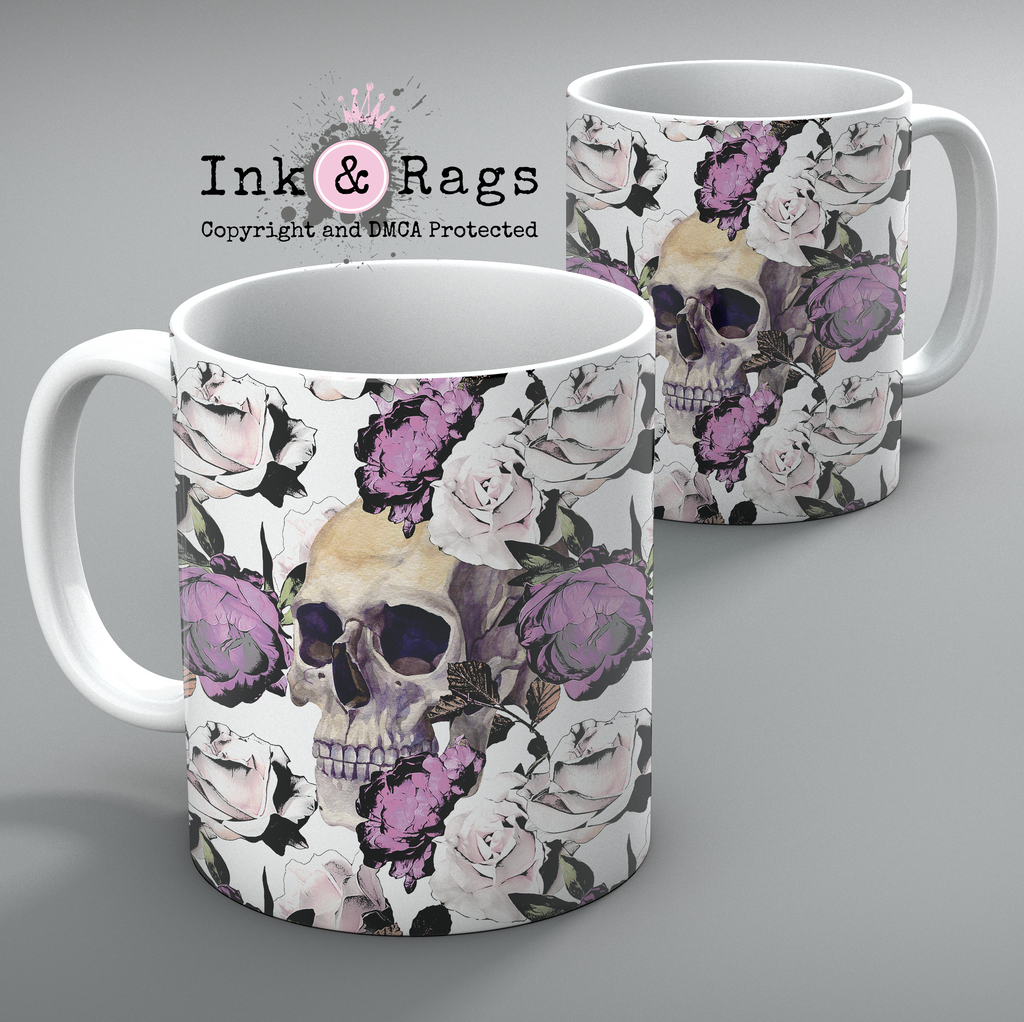Purple Rose with Peeking Skull Mug Set of 2