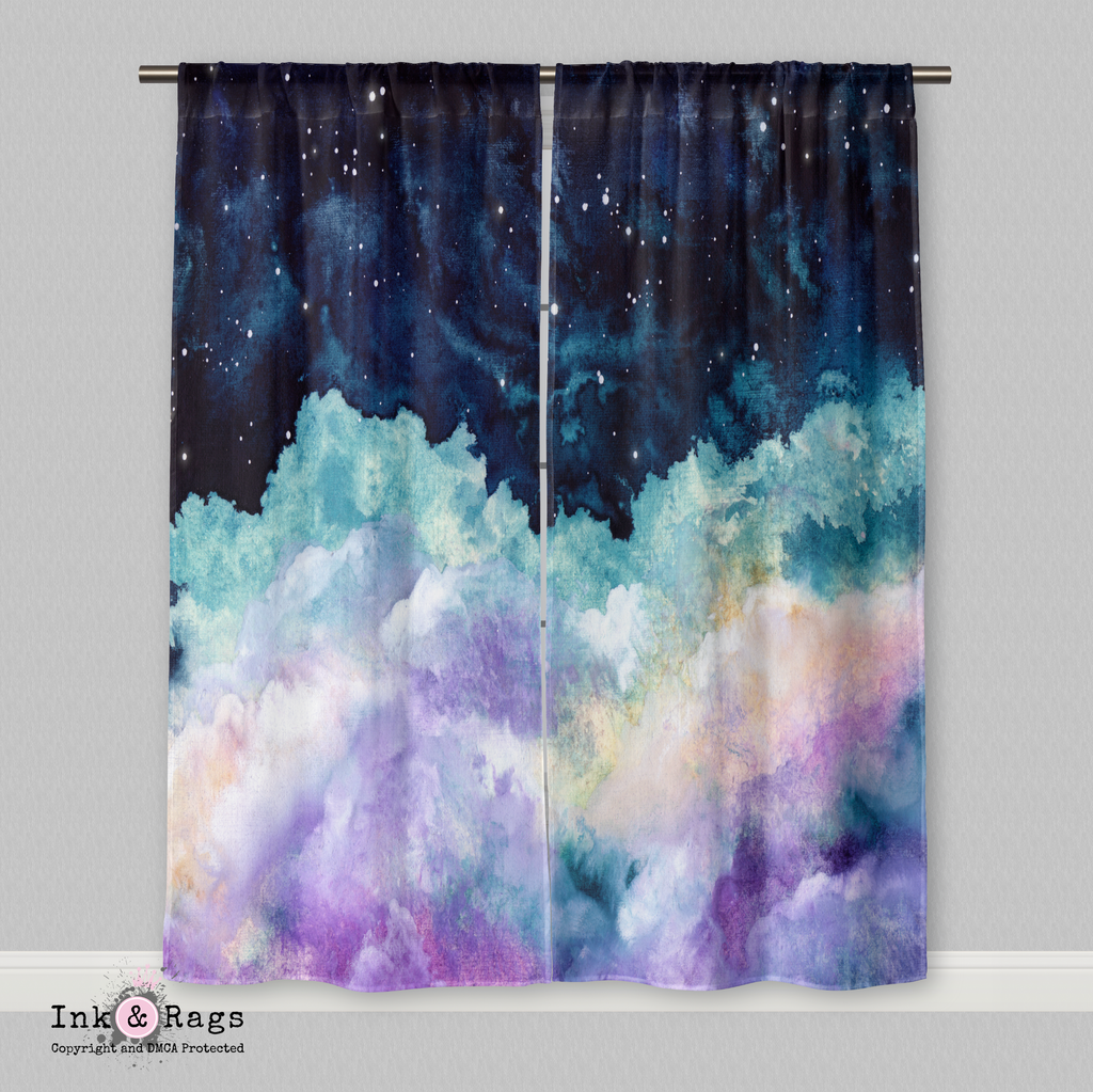 Unicorn Clouds at Night Textured Watercolor Curtains