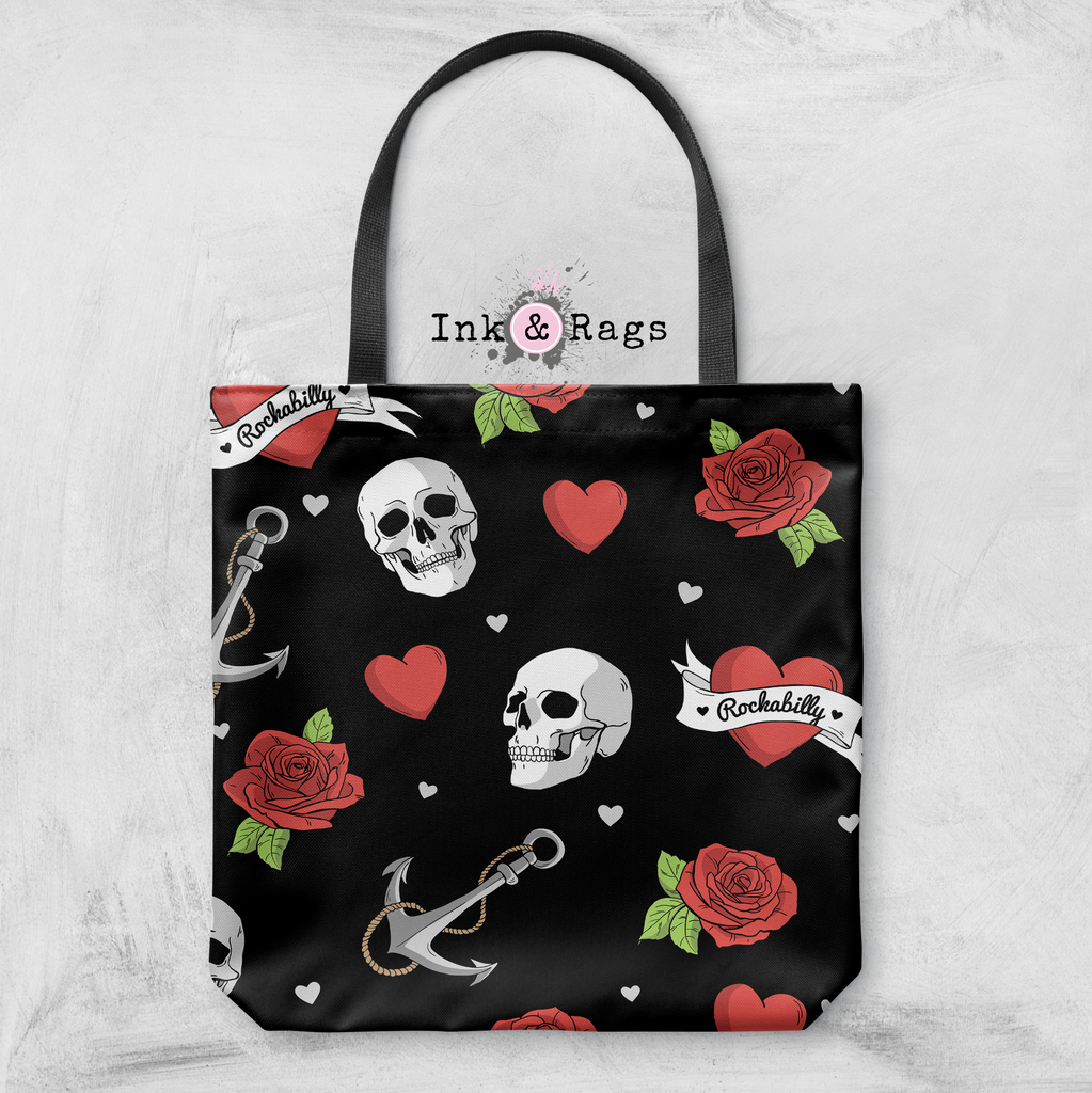 Rockabilly Heart Anchor Rose Black Casual Tote