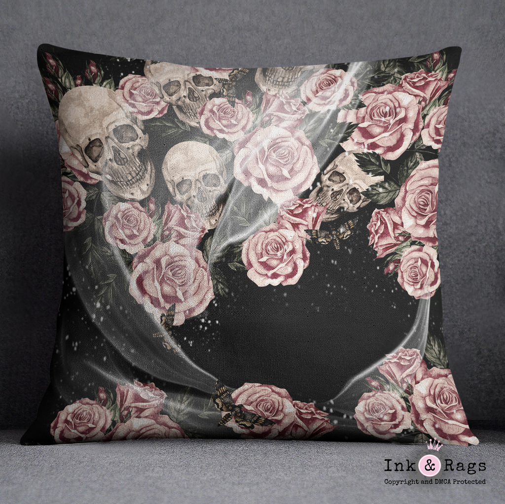 Pink Rose Death Moth and Skull Throw Pillow