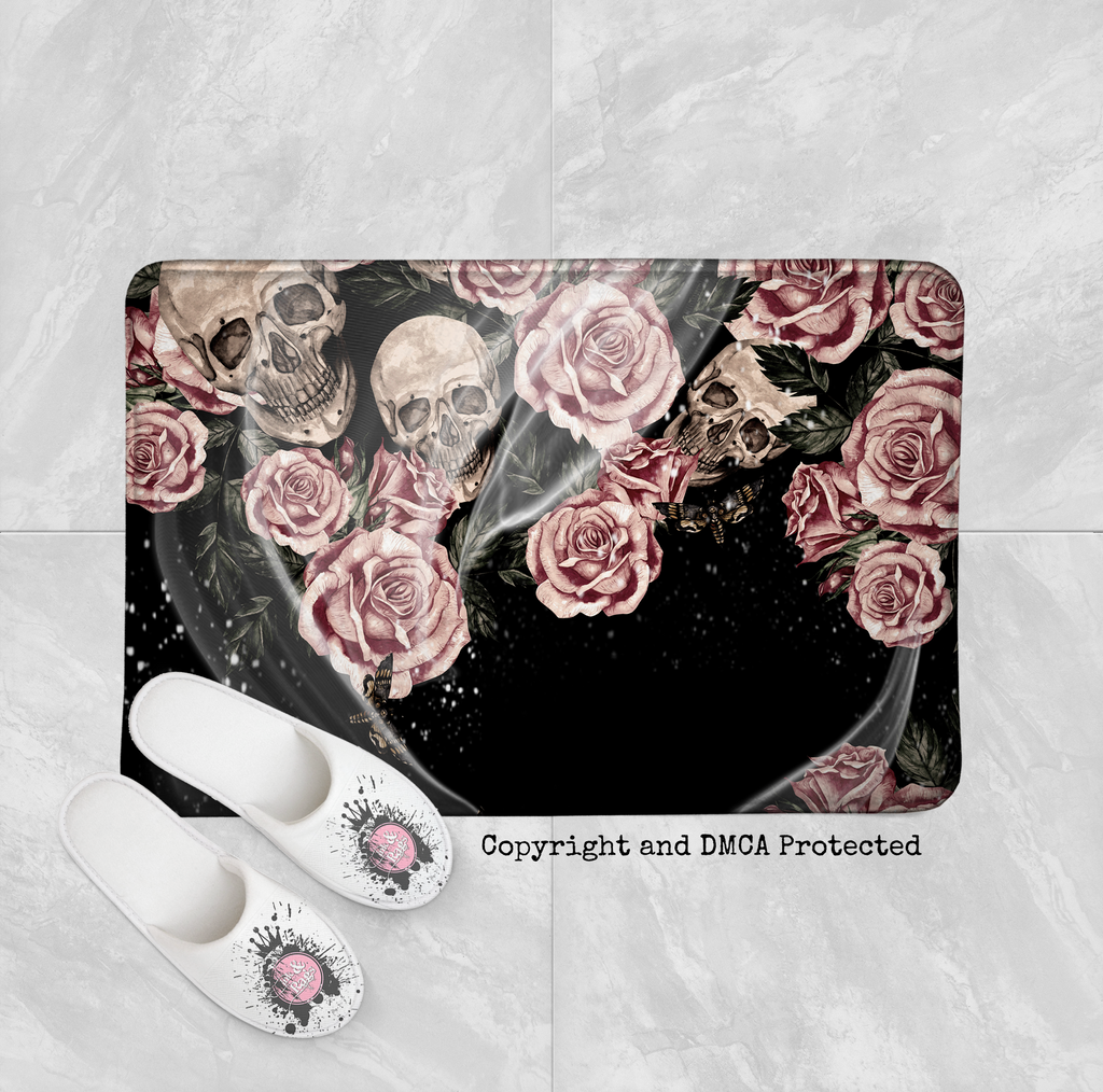 Pink Rose Death Moth and Skull Shower Curtains and Optional Bath Mats