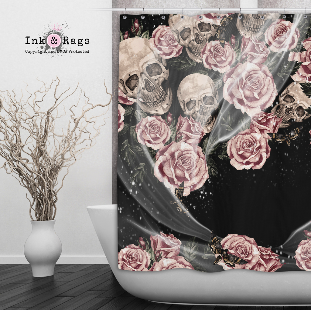 Pink Rose Death Moth and Skull Shower Curtains and Optional Bath Mats