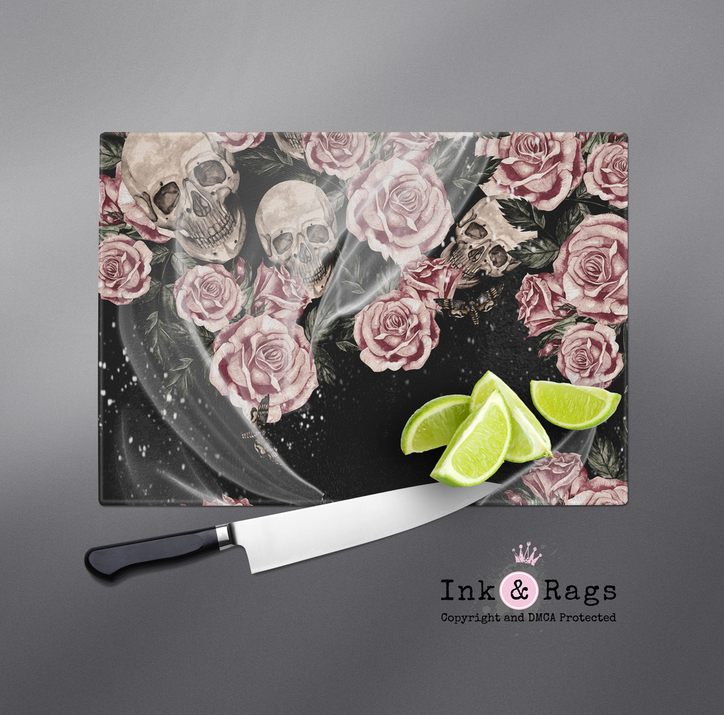 Pink Rose Death Moth and Skull Cutting Boards