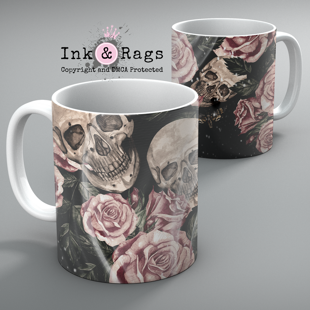 Pink Rose Death Moth and Skull Mug Set of 2