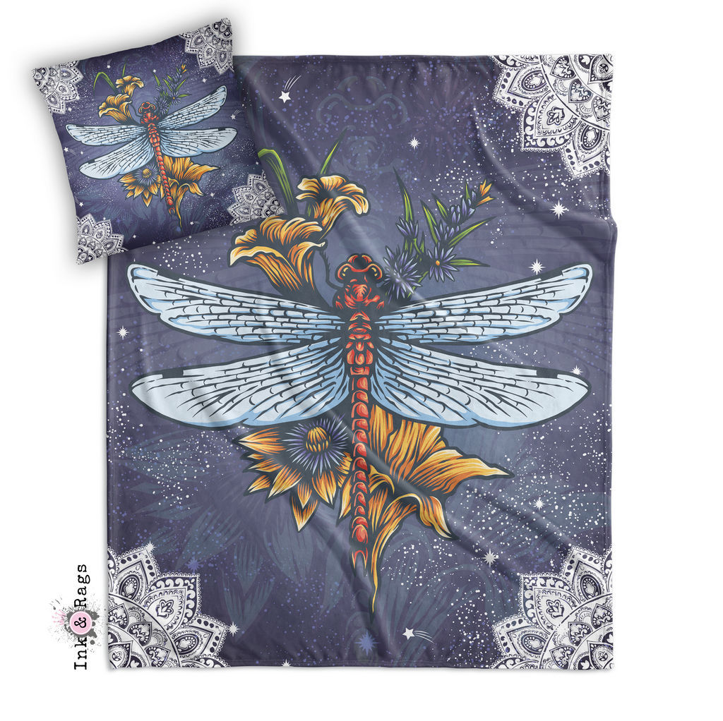Dragonfly Mandala Bloom Decorative Throw and Pillow Cover Set