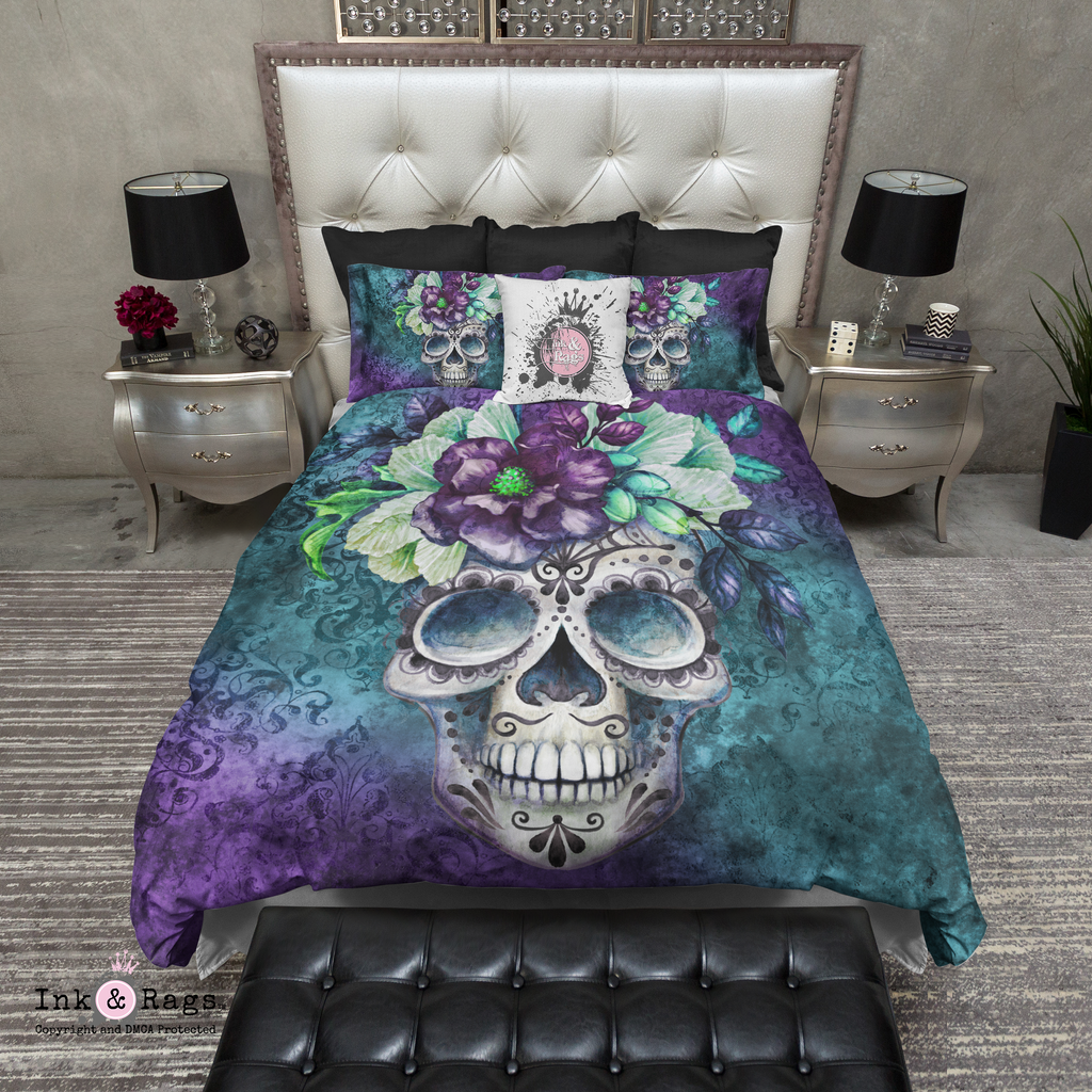 Teal and Purple Webbed Sugar Skull and Flower Bedding Collection