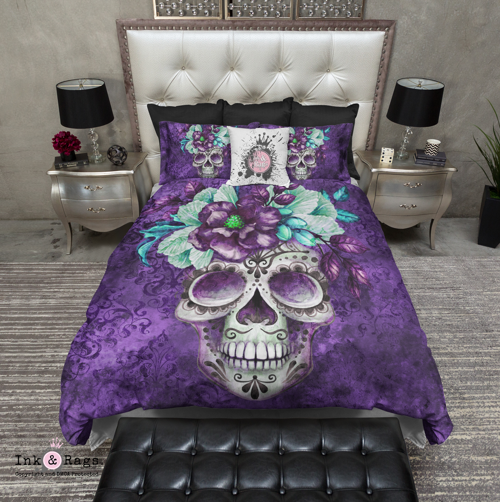 Purple Webbed Sugar Skull and Flower Bedding Collection
