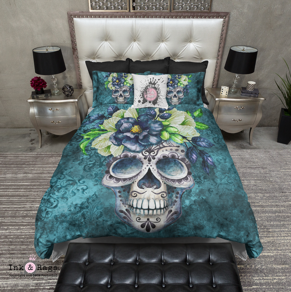 Teal Webbed Sugar Skull and Flower Bedding Collection