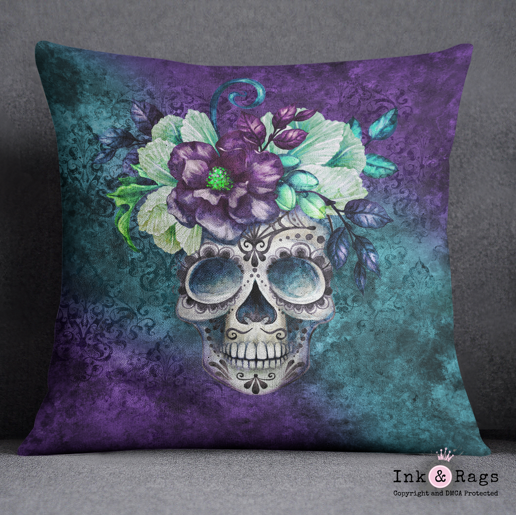Purple and Teal Webbed Sugar Skull and Flower Throw Pillow