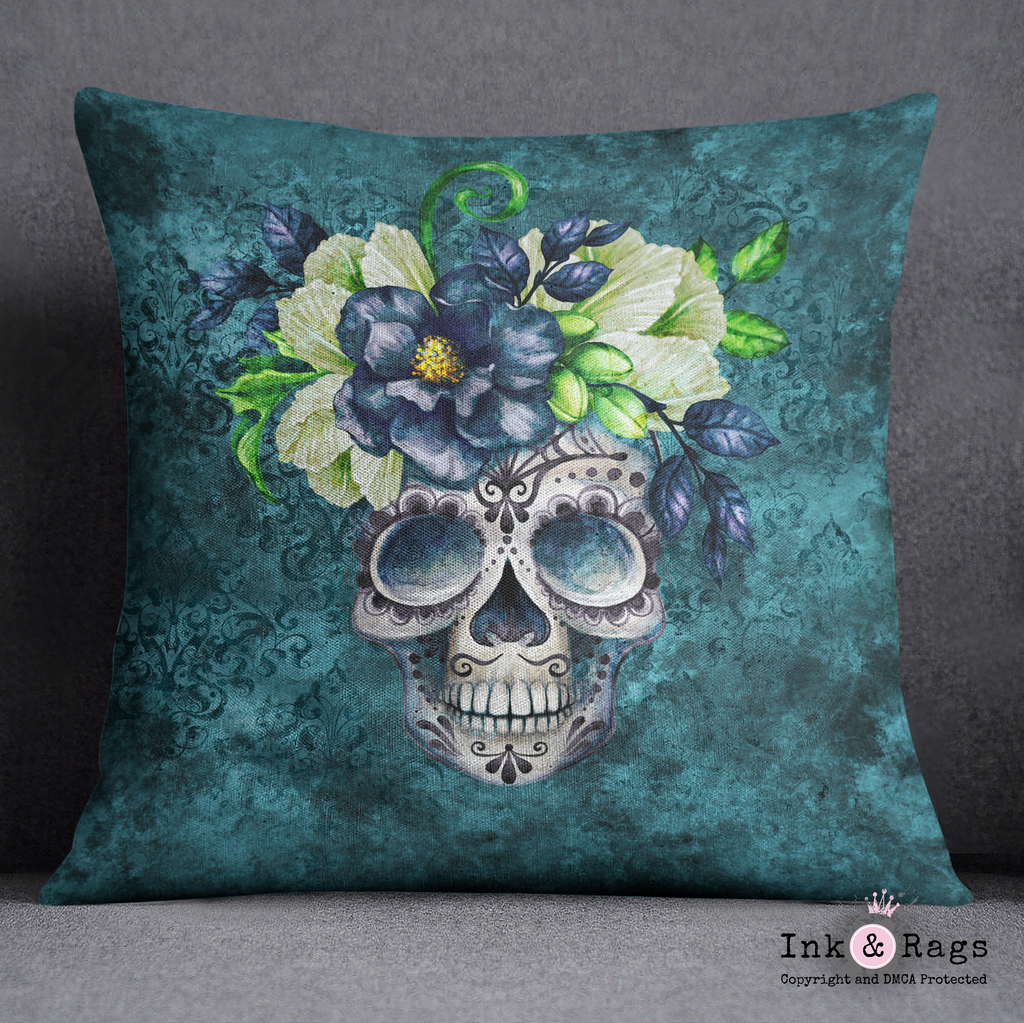 Teal Webbed Sugar Skull and Flower Throw Pillow