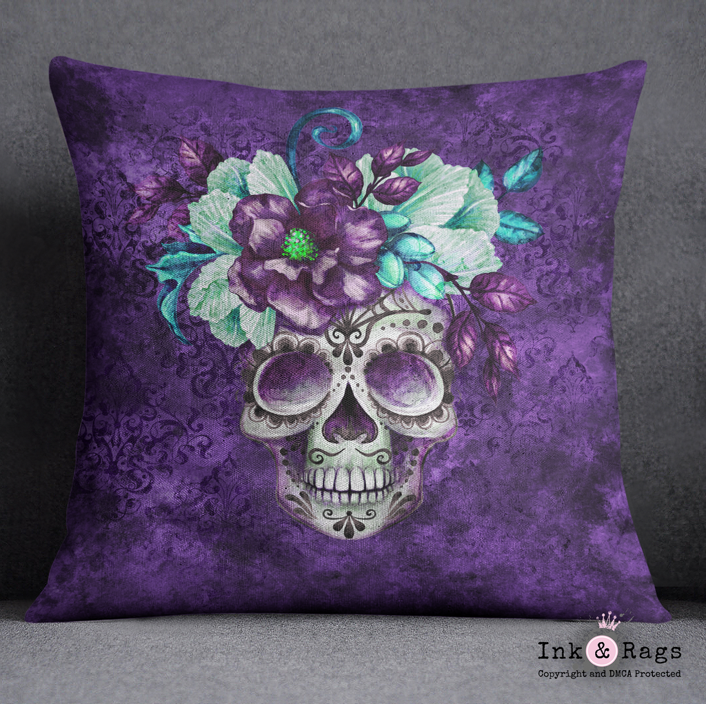 Purple Webbed Sugar Skull and Flower Throw Pillow