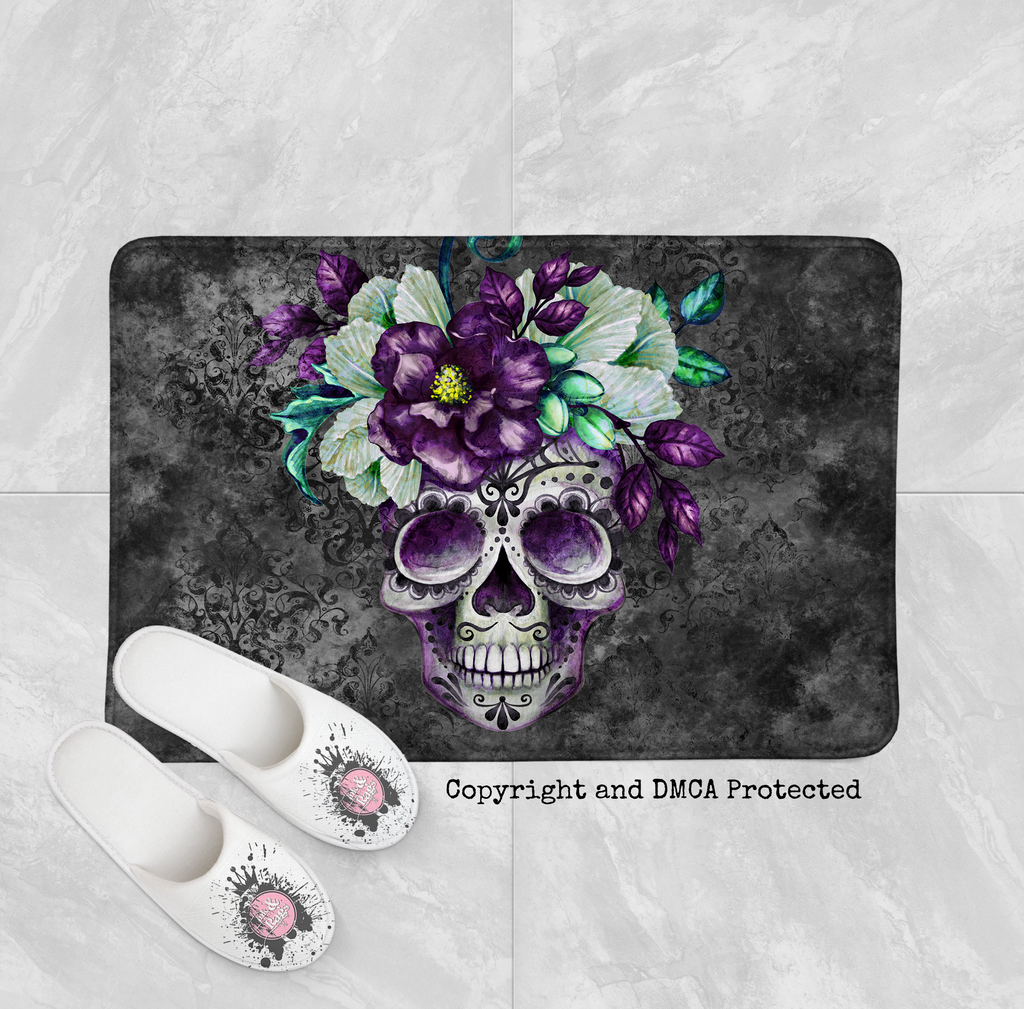 Slate Webbed Sugar Skull and Flower Shower Curtains and Optional Bath Mats