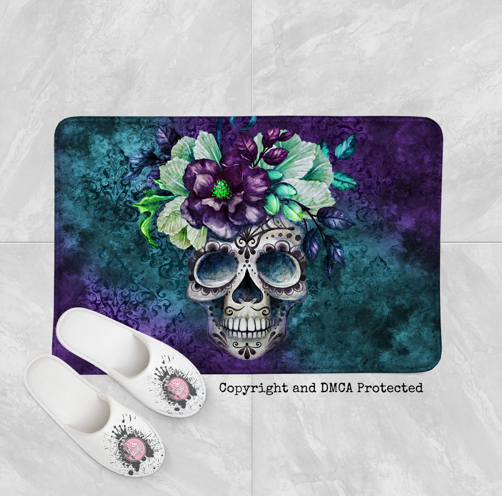 Teal and Purple Webbed Sugar Skull and Flower Shower Curtains and Optional Bath Mats