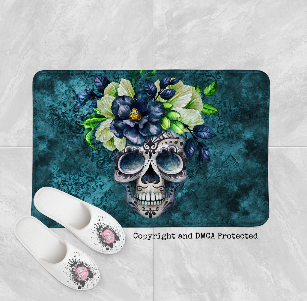 Teal Webbed Sugar Skull and Flower Shower Curtains and Optional Bath Mats