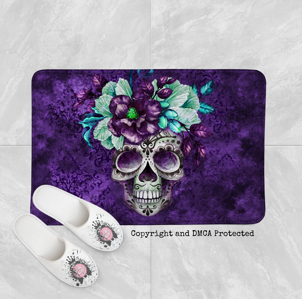 Purple Webbed Sugar Skull and Flower Shower Curtains and Optional Bath Mats