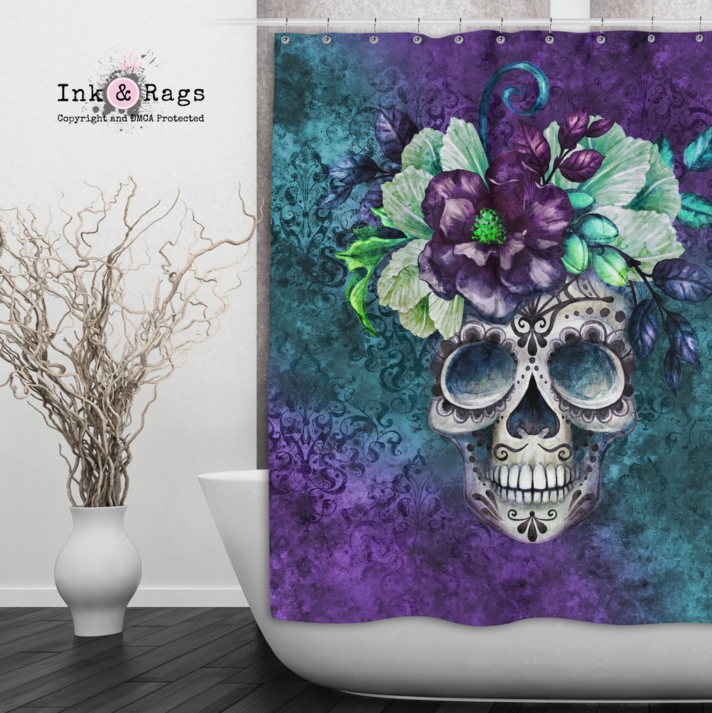 Teal and Purple Webbed Sugar Skull and Flower Shower Curtains and Optional Bath Mats