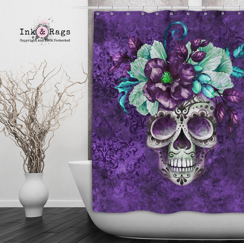 Purple Webbed Sugar Skull and Flower Shower Curtains and Optional Bath Mats