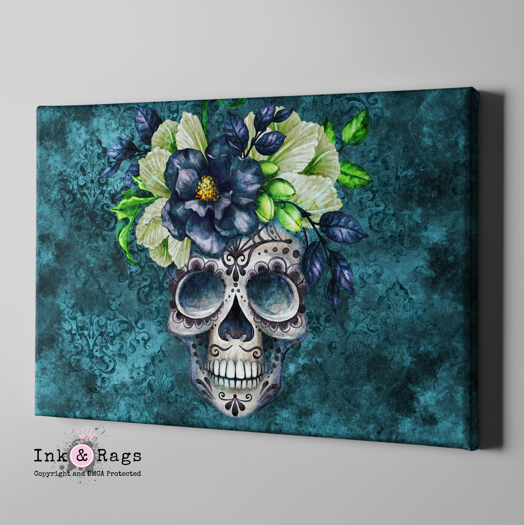 Teal Webbed Sugar Skull and Flower Gallery Wrapped Canvas