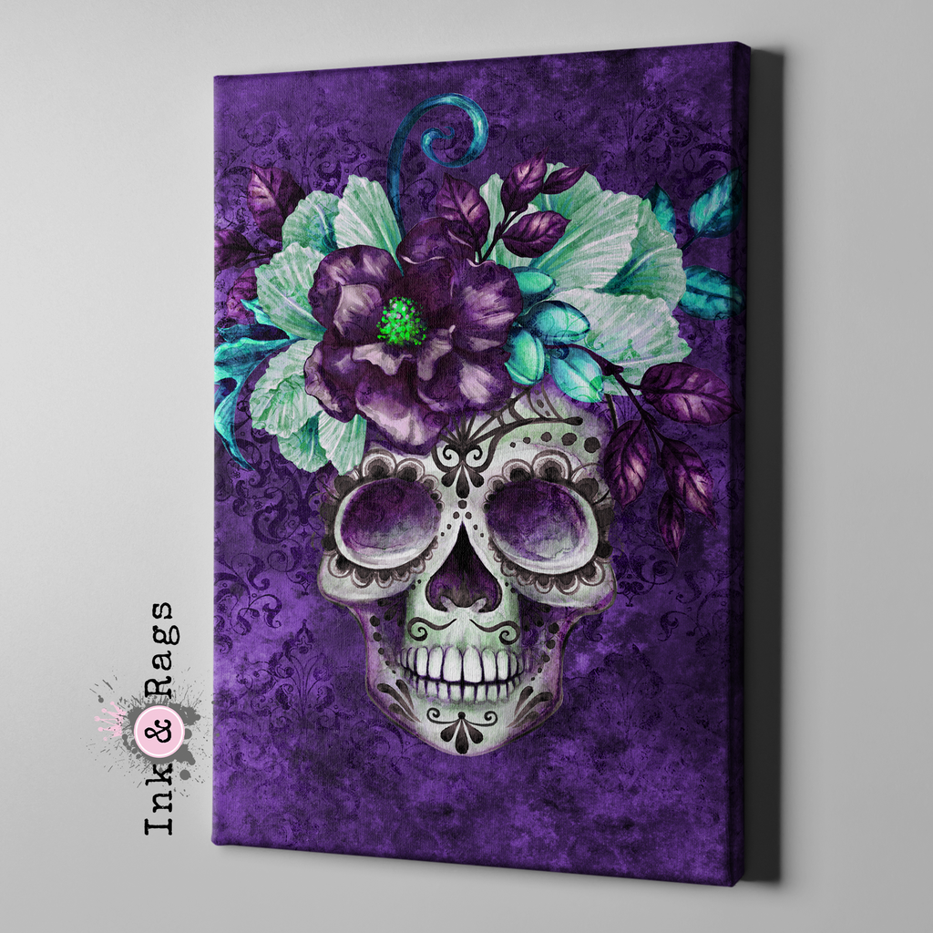 Purple Webbed Sugar Skull and Flower Gallery Wrapped Canvas