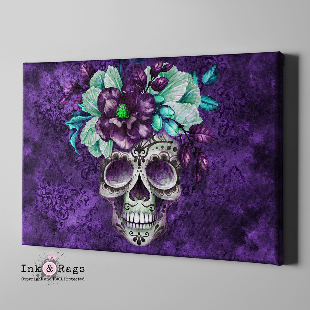 Purple Webbed Sugar Skull and Flower Gallery Wrapped Canvas