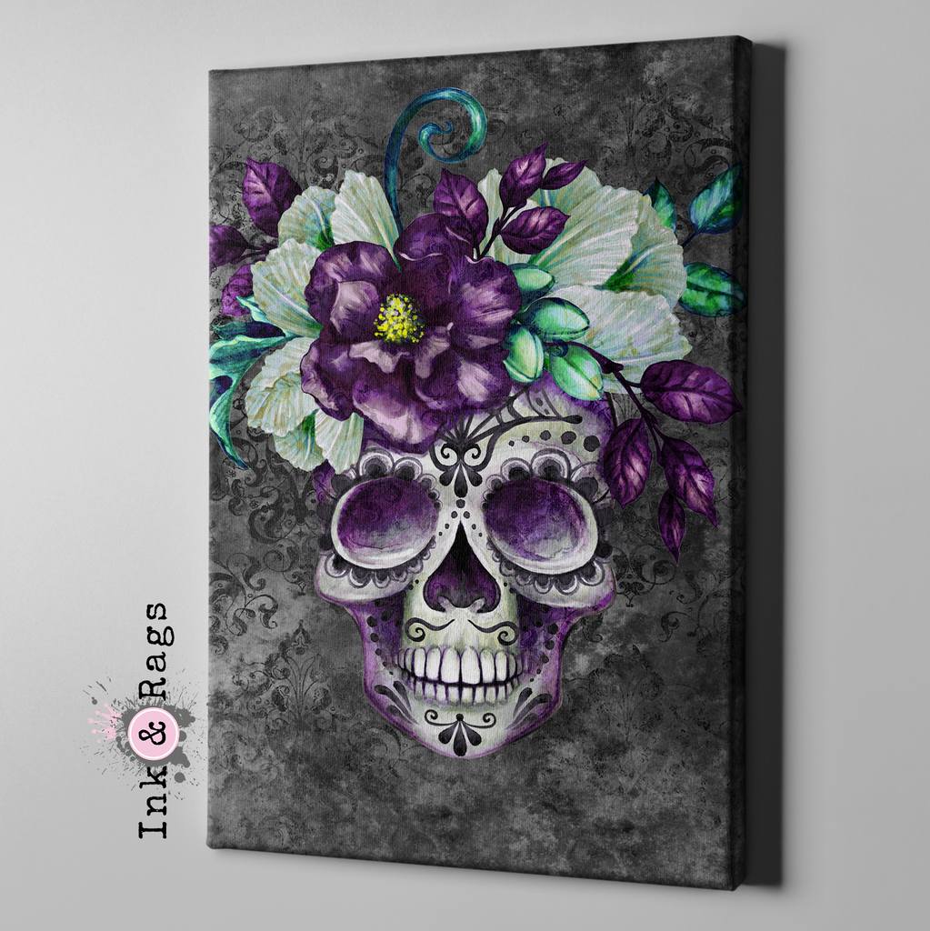 Slate Webbed Sugar Skull and Flower Gallery Wrapped Canvas