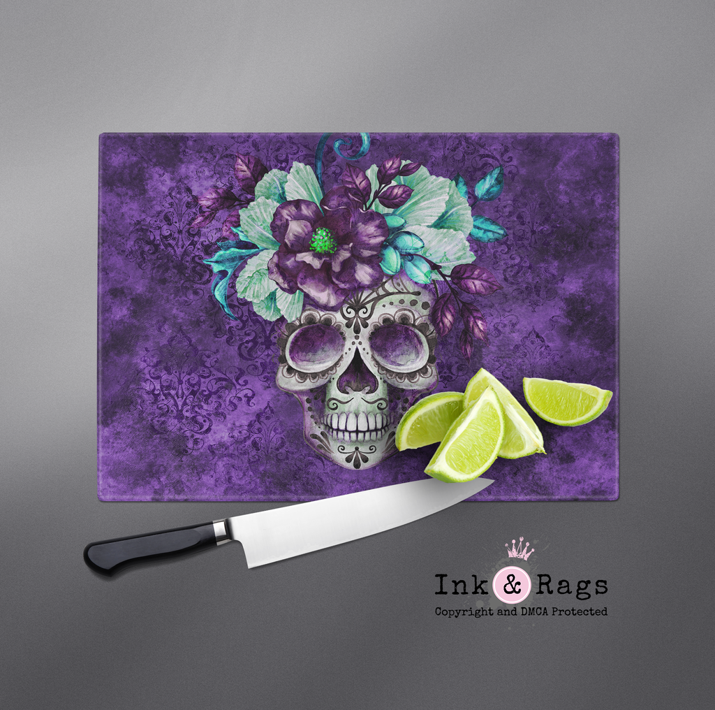 Purple Webbed Sugar Skull and Flower Cutting Boards