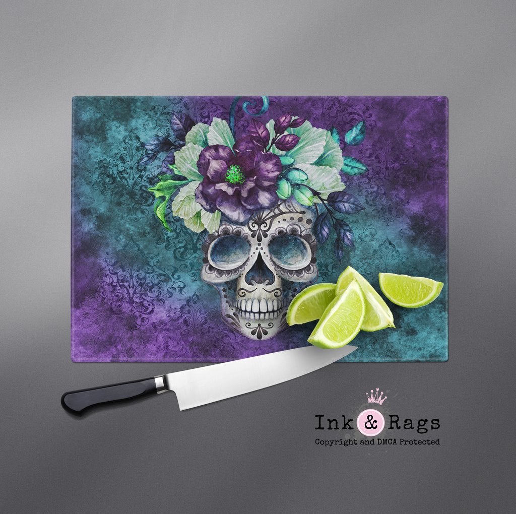 Purple and Teal Webbed Sugar Skull and Flower Cutting Boards