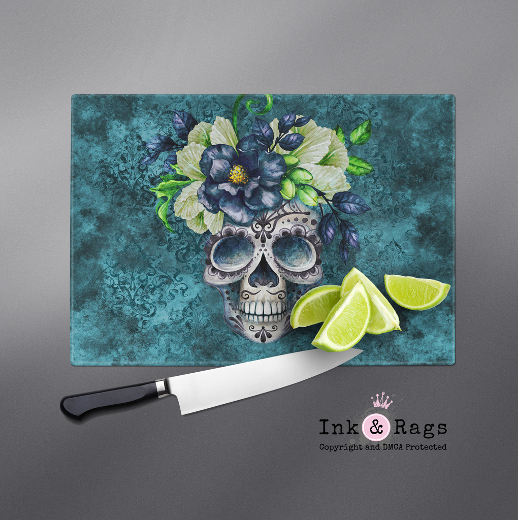 Teal Webbed Sugar Skull and Flower Cutting Boards
