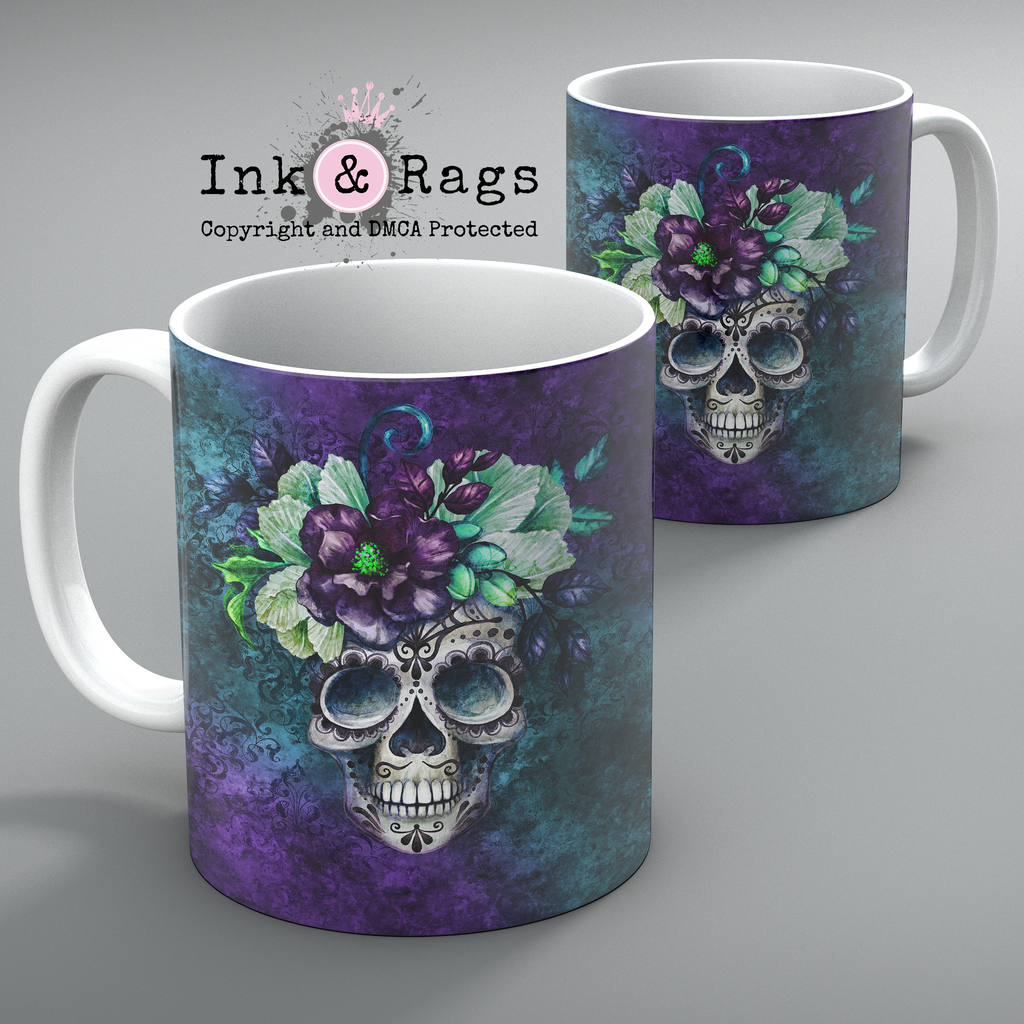 Purple and Teal Webbed Sugar Skull and Flower Mug Set of 2