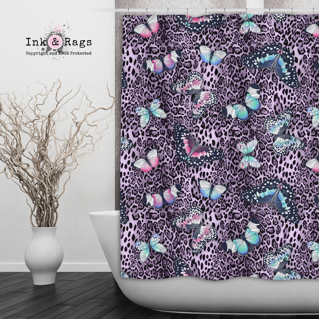 Purple Leopard Butterfly Shower Curtains and Optional Bath Mats